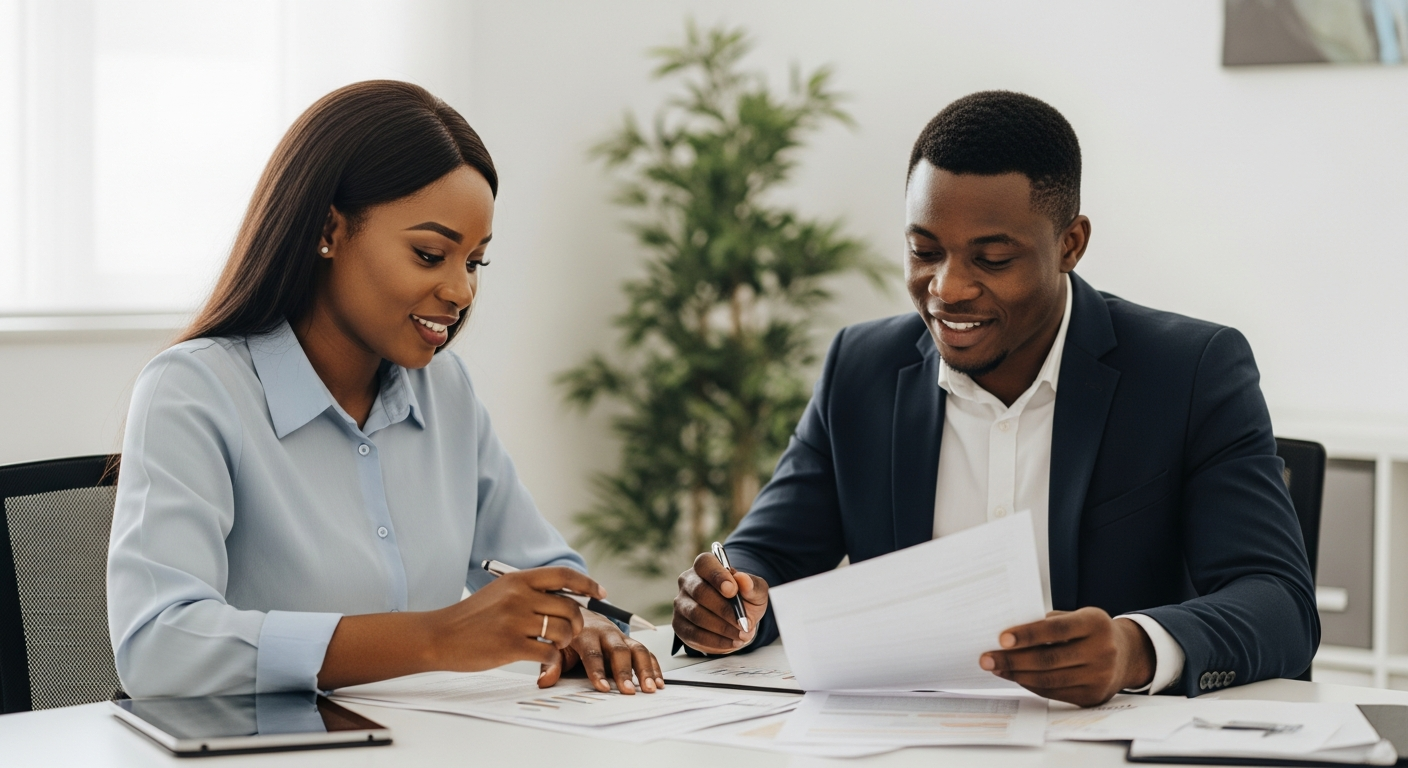 Equipa de contabilistas angolanos em reunião com dashboards financeiros